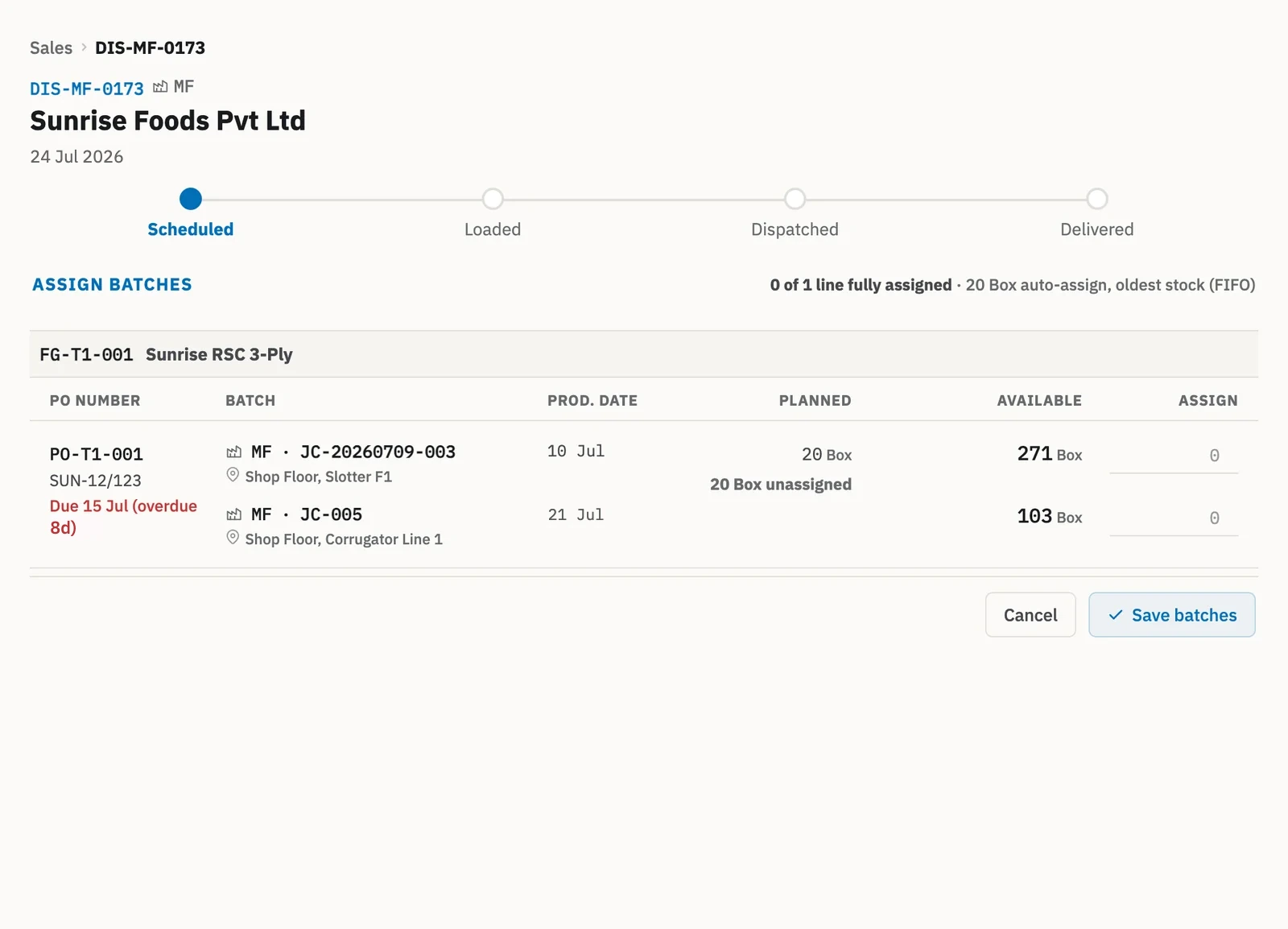 Zofbox dispatch at the Scheduled stage with the Assign batches table of batches, pick locations, available stock and the Save batches button.