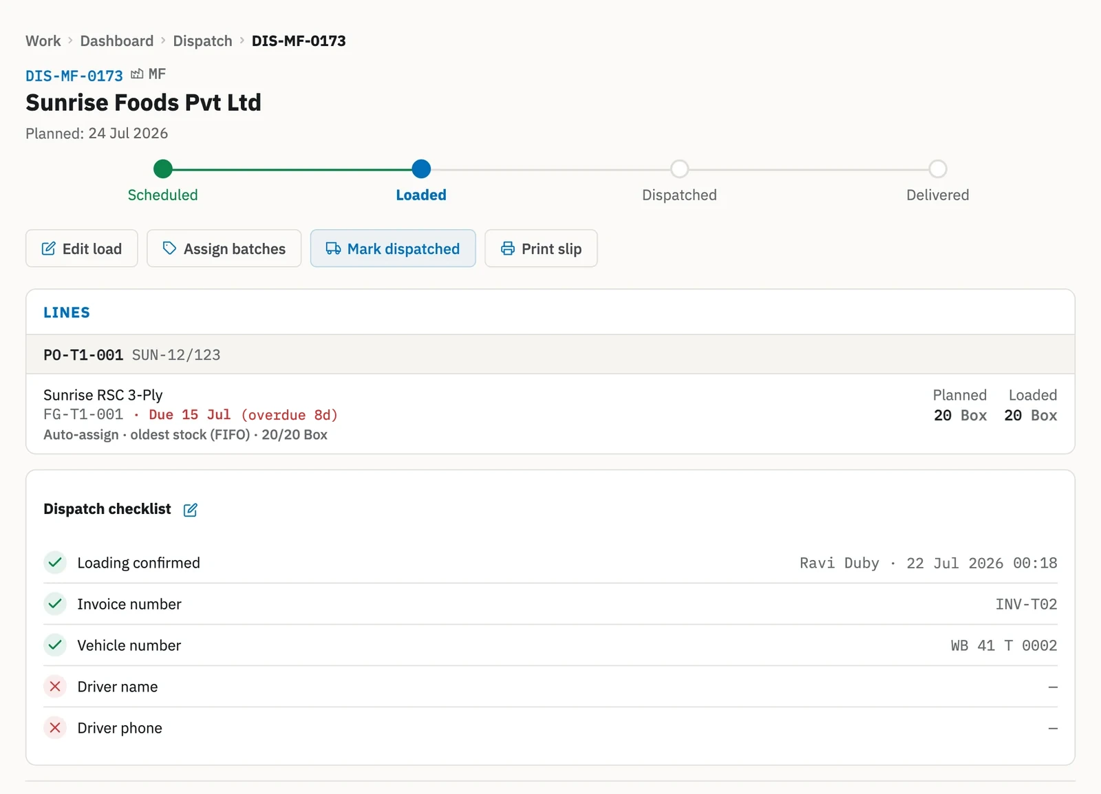 Zofbox dispatch at the Loaded stage with its lines, the Mark dispatched action and the dispatch checklist showing the invoice and vehicle number.