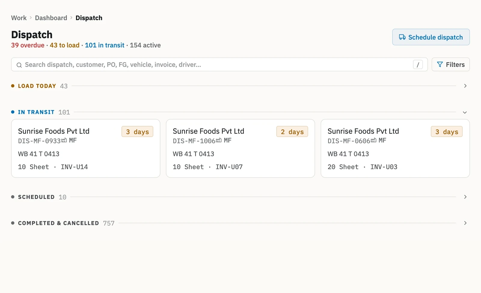 Zofbox dispatch list, In transit group, showing three dispatch cards with days in transit, vehicle number and invoice, with the other groups collapsed.