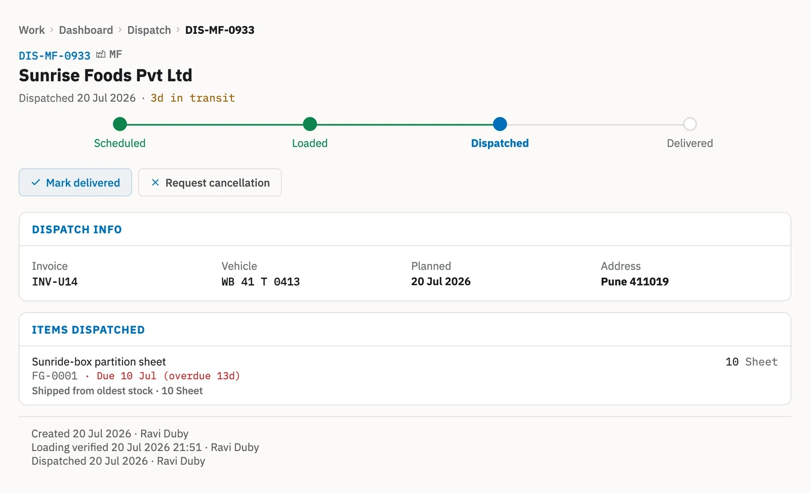 Zofbox dispatch at the Dispatched stage with the stage tracker, invoice and vehicle details and a Mark delivered button.