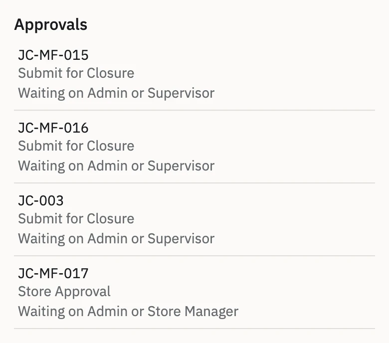 Zofbox dashboard Approvals card listing four job cards: three marked Submit for Closure, waiting on Admin or Supervisor, and one Store Approval, waiting on Admin or Store Manager.