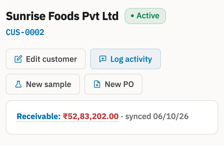 Zofbox customer page for Sunrise Foods Pvt Ltd on a phone with a Receivable line of 52,83,202 rupees, synced 06/10/26.