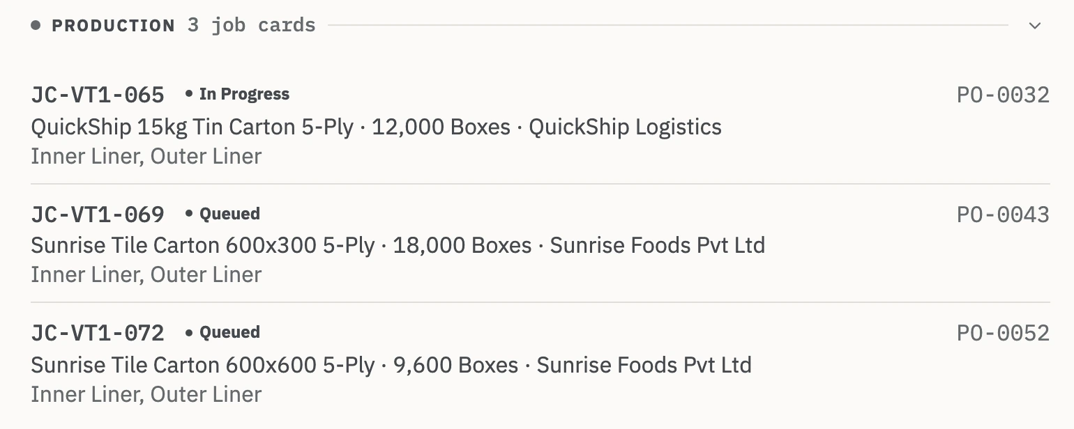 Zofbox raw material page, Production: three job cards using the material, one in progress and two queued, each with its product, quantity, customer and order.