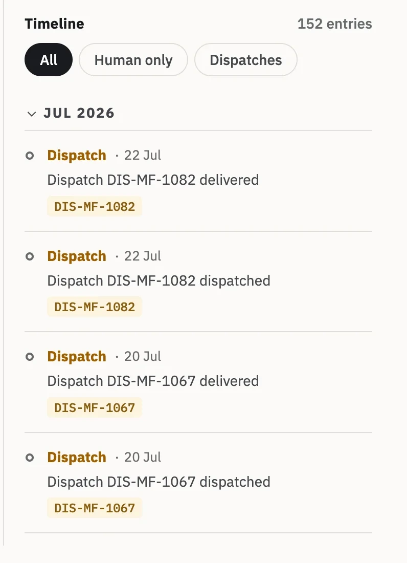 Zofbox order timeline with All selected, listing dispatches from July 2026, each marked delivered or dispatched with its dispatch number.