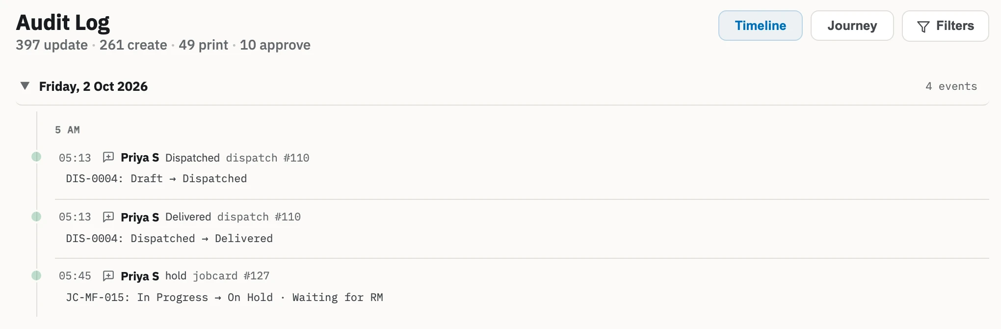 Zofbox audit log for Friday 2 October showing three events: a dispatch moved from Draft to Dispatched and then to Delivered, and a job card put On Hold with the reason Waiting for RM.