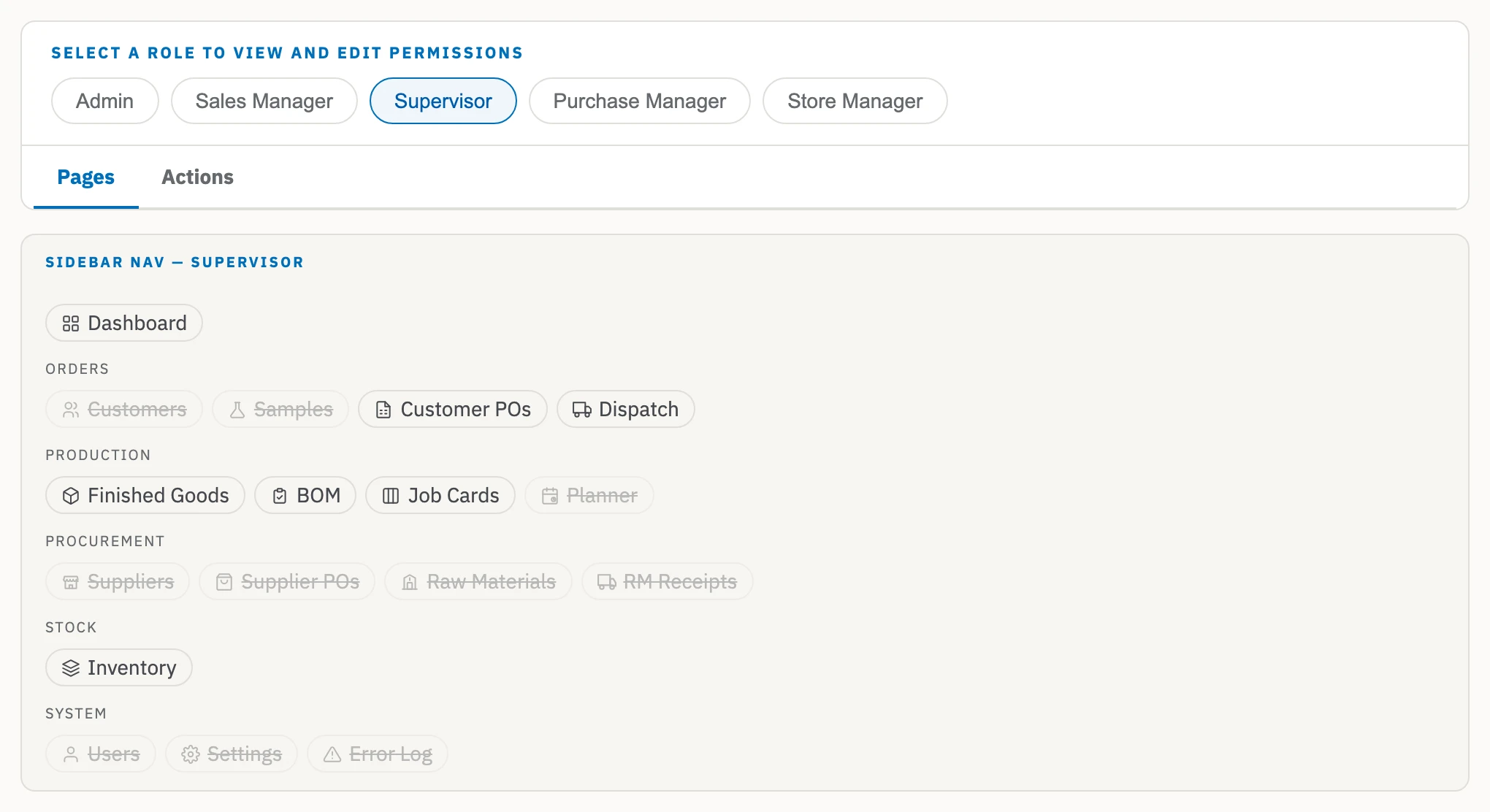Zofbox Role Permissions screen with Supervisor selected, showing the modules that role can open, such as Job Cards, Dispatch and Inventory, and the ones struck through, such as Supplier POs, Users and Settings.