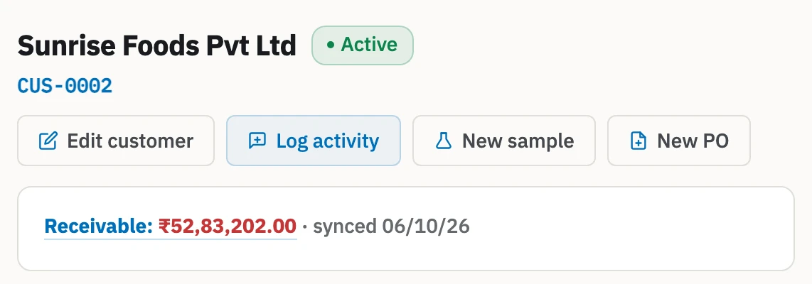 Zofbox customer page for Sunrise Foods Pvt Ltd with a Receivable line of 52,83,202 rupees, synced 06/10/26.